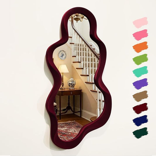 Mirror Wall Decor for Vintage Living Room Bedroom, 13.8x29.7 Asymmetrical Decorative Mirror for Entryway Porch Staircase, Retro Modern Hanging Wall Art Gift for Christmas Wedding (Wine Red)