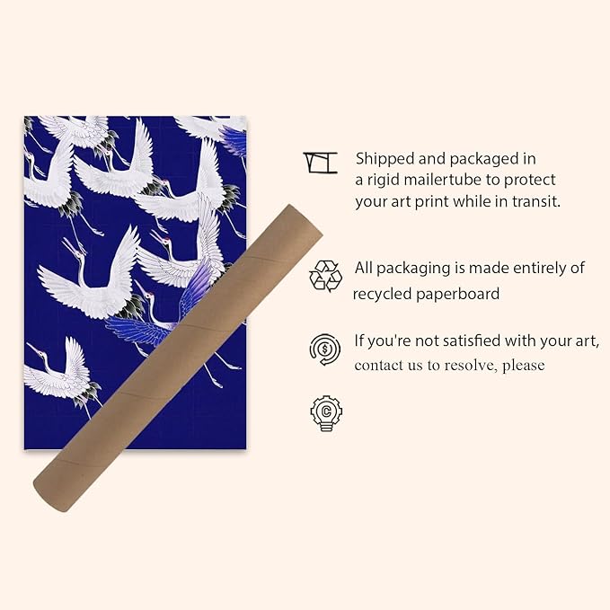OZCONO Japanese Flying Cranes Wall Art Print, Navy Blue and White, UV-Resistant Giclée Print, Unframed (18L x 12W)