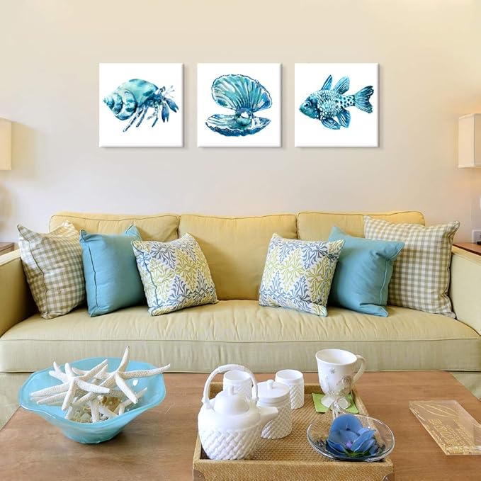 JAPO ART -Ocean Art Prints Tropical Wall Art Wall Blue Fish Blue Shells Hermit Crabs for Bathroom Kitchen Decoration 16x16Inchx3 pcs
