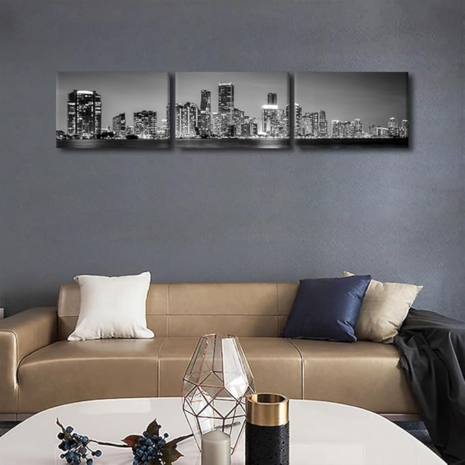 Miami Skyline Wall Art for Living Room Downtown Miami Black and White Wall Art Canvas Print Modern Home Decor Pictures Skyscraper Artwork House Decor Posters Prints Ready to Hang 14x60 Inch