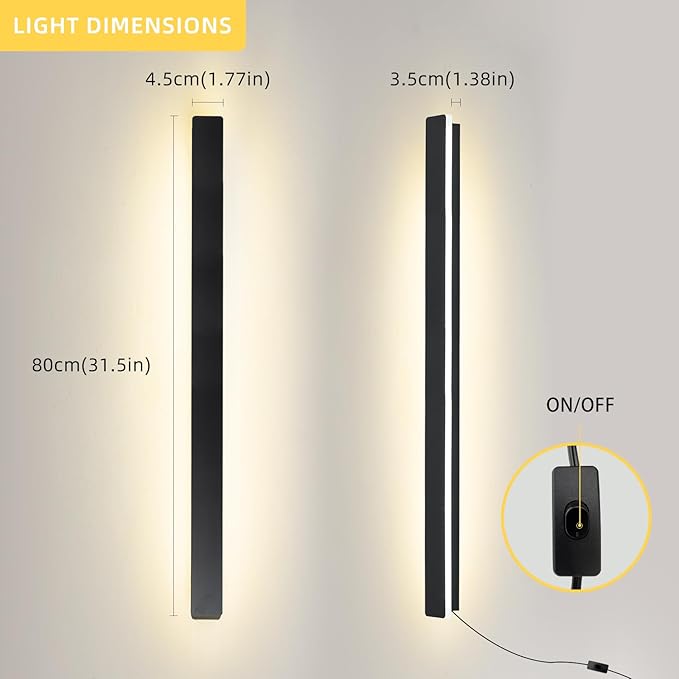 Modern Plug in Wall Lights, 31.4 inch Frosted Black LED Long Wall Sconce, 16W Warm White 3000K Acrylic Indoor Wall lamp,with 59" Plug Cable for Bedroom, Living Room, Hallway