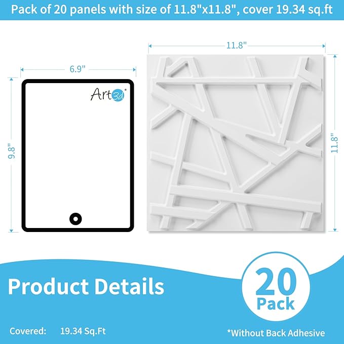 Art3d 20 Pack Decorative 3D Wall Panels, 19 Sq.Feet PVC Interior Wall Décor, 11.8"x11.8", White