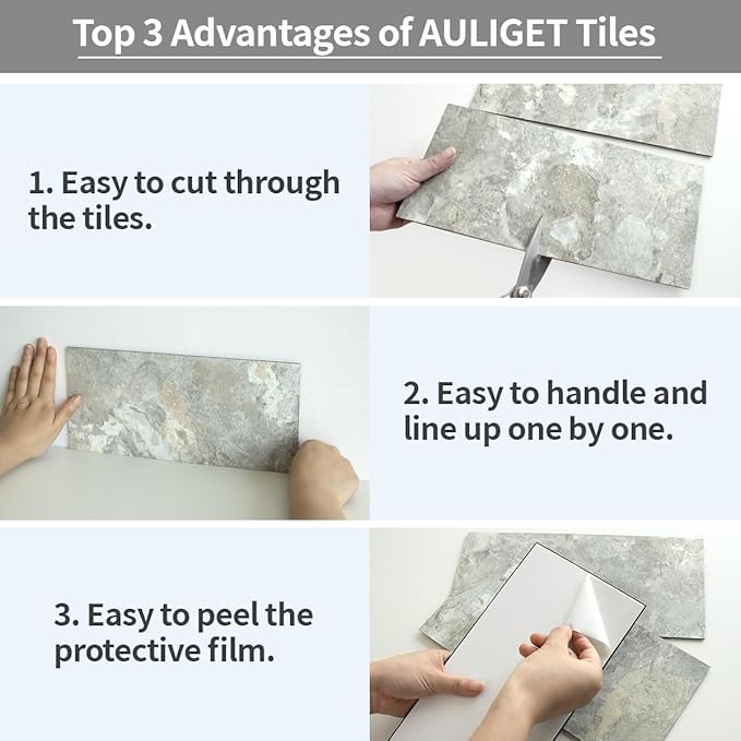 AULIGET 6" x 12" Peel and Stick Backsplash Wall Tiles, Grey & Beige Slate PVC Faux Stone Stick on Tiles for Backsplash Kitchen (Pack of 20)