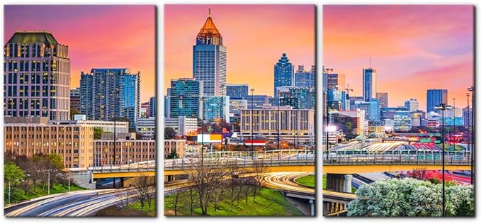 Pacimo Atlanta Cityscape Canvas Wall Art Print City Skyline at Dusk Painting Wall Decor for Living Room Home Decoration Gallery Wrapped Posters and Prints Framed Ready to Hang - 20"x28"x3 Panels