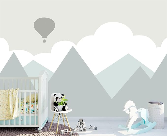 Cartoon Hot air Balloon Mountain Peak Baiyun Children's Nursery Wall Mural Wallpaper 137" x 100"