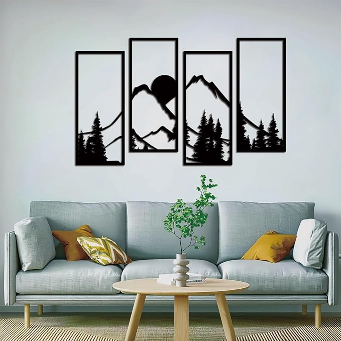 Metal Sunset Mountain Forest Wall Decor Set of 4, Minimalist Line Drawing Large Mountains Wall Art Home Decor for Living Room Bedroom Office…