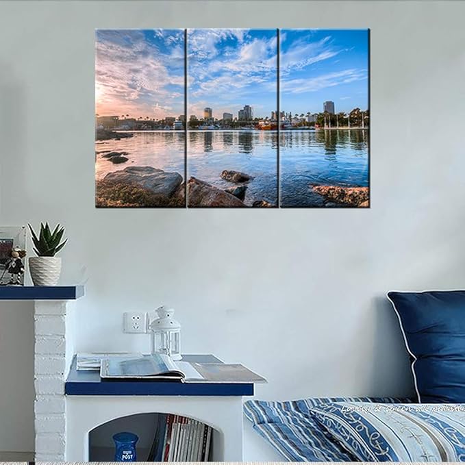 Canvas Wall Art Blue Grey Long Beach Harbor Cityscape Panoramic Skyline Painting Coast Framed Picture Artwork Prints for Living Room Bedroom Home Office Decor Ready to Hang 24‘’ x 12‘’ x 3 panels