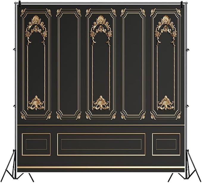 Leyiyi 10x10ft Black Gold Vintage Room Inside Backdrop European Frame Modern House French Castle Cementery Wall Retro Style Photo Background Cowboy Kids Birthday Portrait Studio Props Vinyl Wallpaper