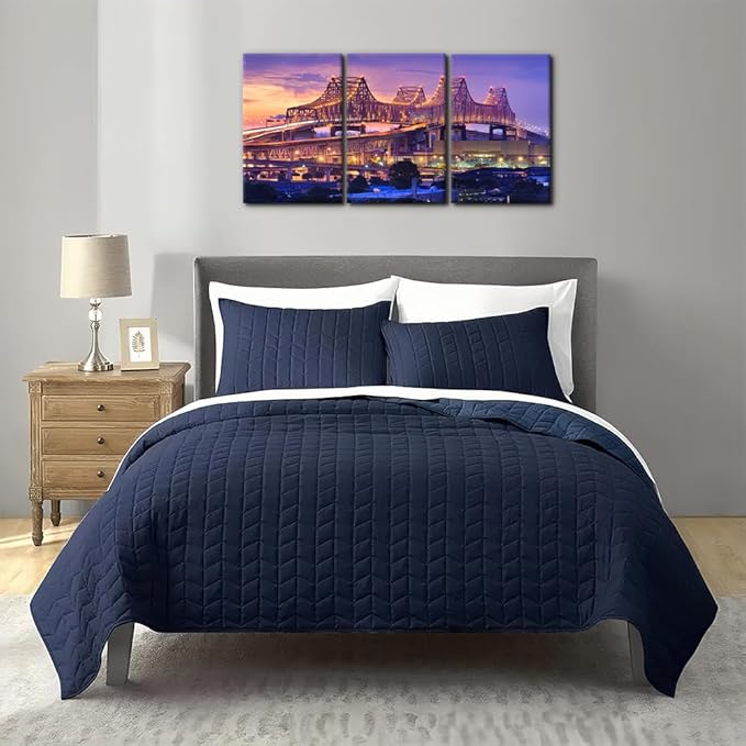Pacimo Canvas Print Wall Art Set New Orleans Cityscape Modern Walls Decoration for Living Room Bedroom Office Crescent City Connection Bridge Pictures Painting Framed Ready to Hang - 16"x24"x3 Panels