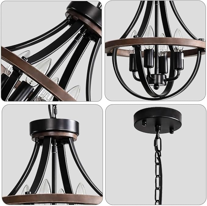 Chandeliers，Farmhouse Ceiling Chandelier Wood Black Modern Rustic Hanging Pendant Light Fixture with Chain for Dining Room Living Room Entryway Kitchen Island Bedroom Foyer Lighting（4-Light）