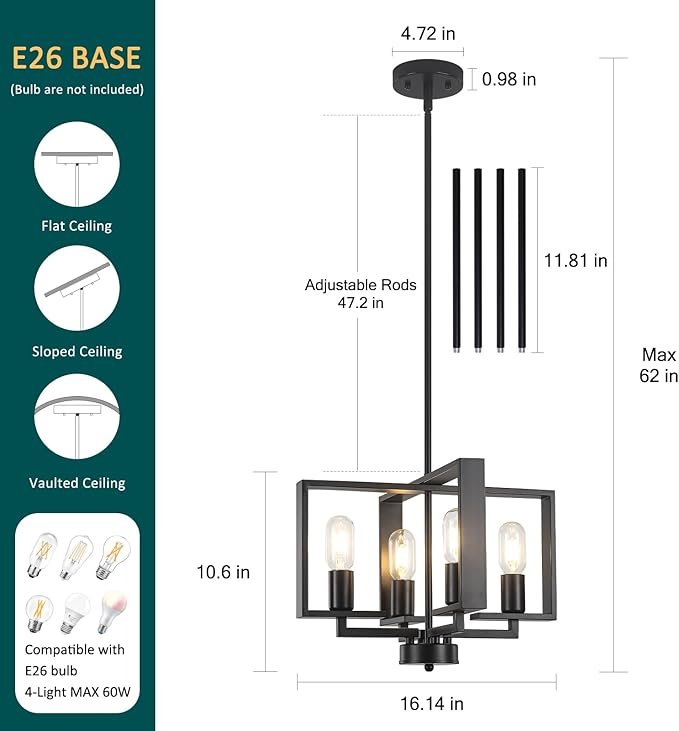 4-Light Modern Farmhouse Black Chandeliers for Entryway, 16'' Geometric Pendant Lights Kitchen Island, Hanging Industrial Metal Chandelier for Stairway Foyer Hallway Dining Room
