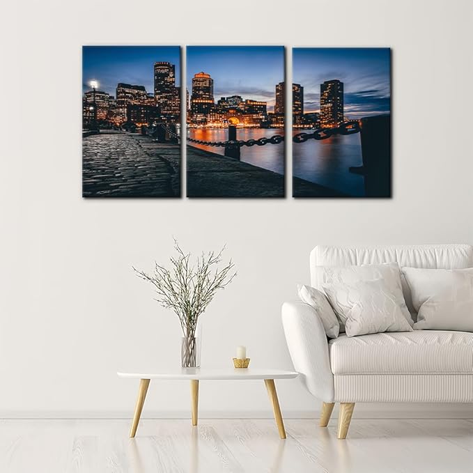 Pacimo Canvas Print Wall Art Set Boston Harbor Pictures Painting Realism Contemporary Cityscape Skyscrapers Modern Artwork for Living Room Bedroom Office Stretch and Framed - 16"x24"x3 Panels