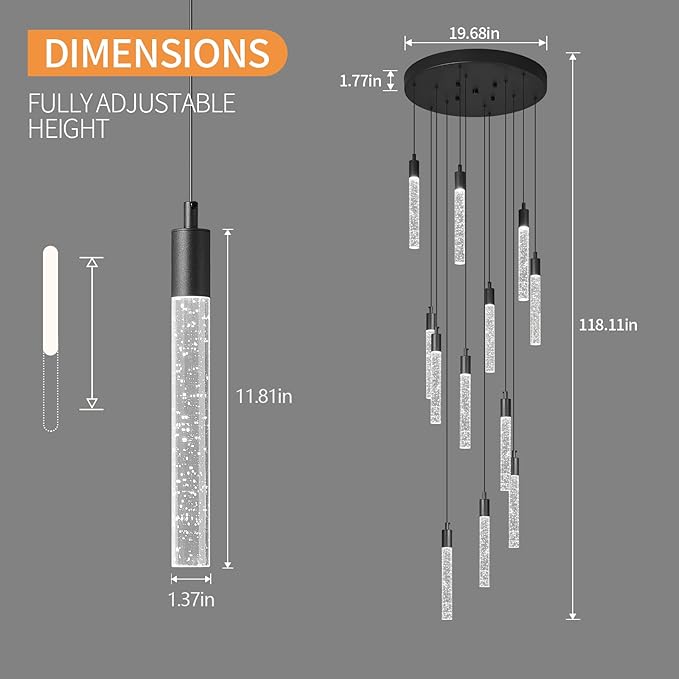 12-Light Modern Living Room Chandelier Black Crystal Ceiling Pendant Lights LED Dimmable 72W 6000K Staircase Large Chandeliers for Entryway Lobby Foyer High Ceiling Chandeliers