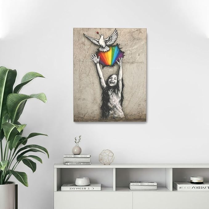 Banksy Street Graffiti Wall Art Rainbow Canvas Wall Decor Love And Peace Pictures Paintings Prints Artwork Framed Modern Decorations For Bedroom Bathroom Office Living Room Gifts 16" x 20"