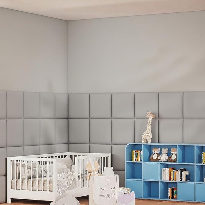 Antenat Peel and Stick Headboard, Self-Adhesive Headboard Panels for Wall, 3D Anti-Collision Wall Padding for Kids, Upholstered Wall Panels for Bedroom/Living Room, 4 Pack (Gray) 13.7"x13.7" Panels