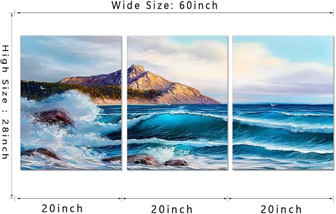 Canvas Wall Art Coastal Beach Scenery Picture Blue Ocean Waves Seascape Painting Mountain Peaks Wave Landscape Oil Painting Print Modern for Home Bedroom Framed - 20x28inchx3Pcs