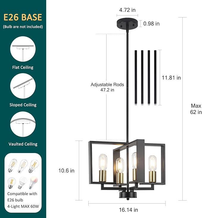 16 '' Antique Spray Farmhouse Gold Chandelier, 4-Light Modern Rustic Lighting Fixture Modern Industrial Ceiling Light for Dining Room, Foyer, Living Room, Kitchen Island, Entryway