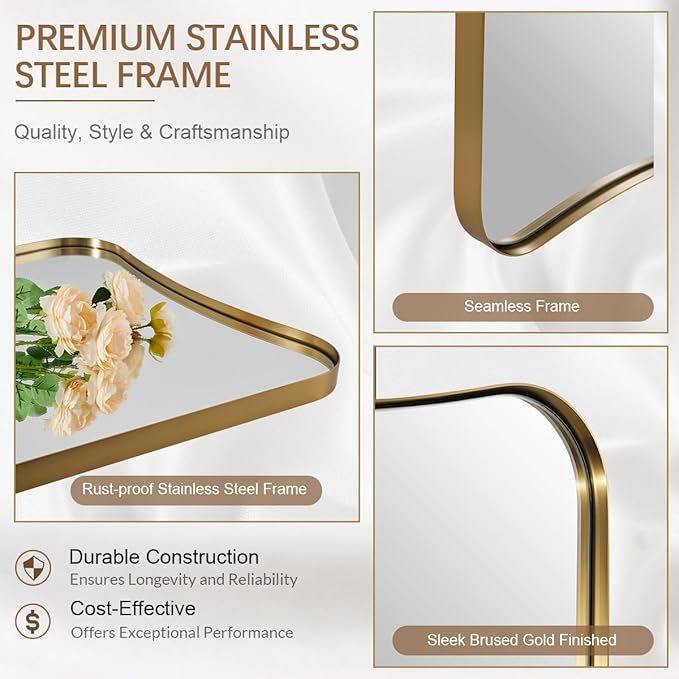 ANDY STAR 24x40 Inch Mirror, Brushed Gold Bathroom Mirror for Over Sink, Large Decorative Wall Mirror with Stainless Steel Frame, Anti-Rust, Italian Luxury Style Home Decor