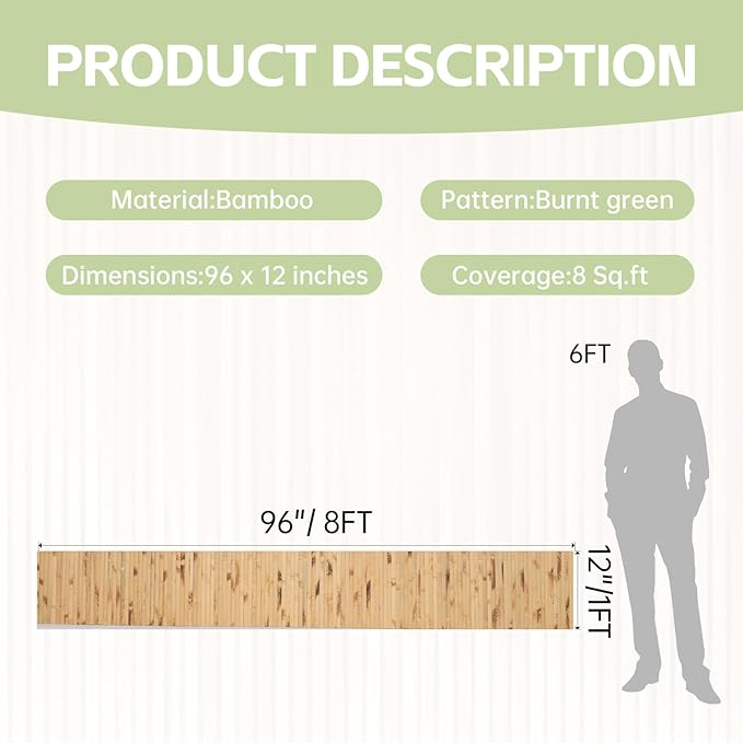 Bamboo Wall Panels for Interior Wall Decor（12"H x 96"L）Natural Wainscoting Panels Wall Paneling for Living Room Decor, Tiki Bar,Kitchen,Ceiling Tiles, Pole Wrap Wood Roll,Wall Decor for Bedroom