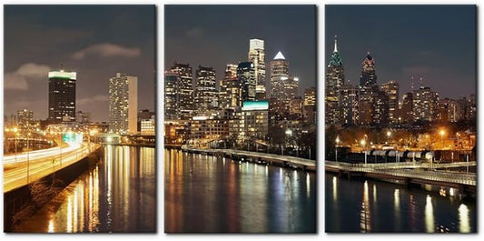 Pacimo - Cityscape Canvas Wall Art - Philadelphia Skyline with Urban Architecture - Modern Artwork Painting Prints for Home Decor Gallery Wrapped Stretched and Framed Ready to Hang - 16"x24"x3 Panels