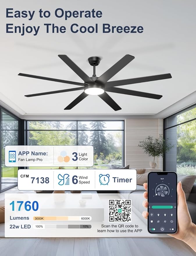 72'' Large Ceiling Fans with Lights, Modern Black Ceiling Fan Remote/APP Control, Dimmable, Quiet DC Motor Big Ceiling Fan for Indoor/Covered Outdoor
