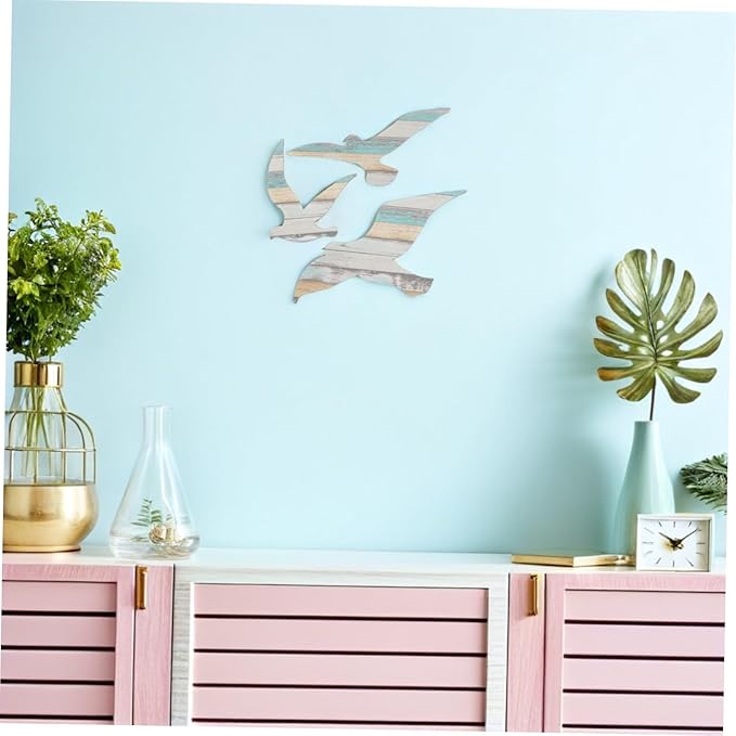 MUCKLILY 6pcs Wooden Seagull Wall Art Coastal Beach Decor Nautical Ocean-themed Wall Sculpture for Living Bedroom Easy DIY Installation Mediterranean Style
