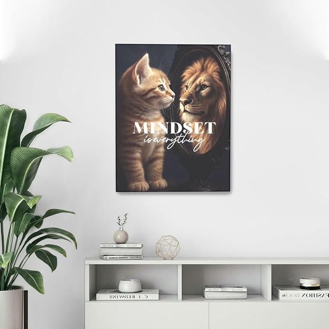 Motivational Lion And Cat Wall Art For Kids Mindset Is Everything Nursery Canvas Wall Decor Inspirational Pictures Paintings Prints Artwork Framed Decorations For Children's Room Bathroom Bedroom Living Room Office Gifts 16" x 20"