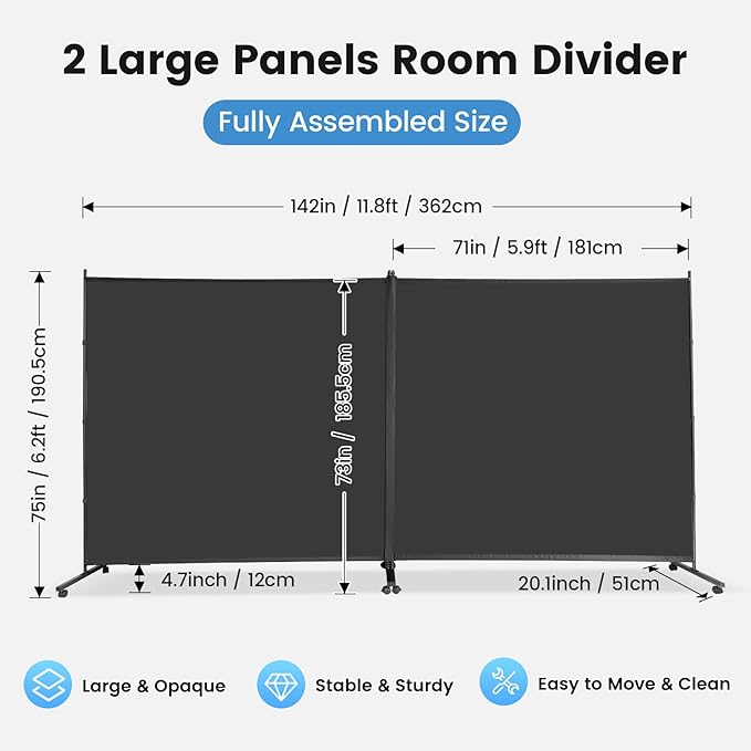 MAYOLIAH Indoor Room Divider 2 Large Panels on Wheels, 142”W x 75”H Rolling Privacy Screen W/Cover Strip, Portable Wall Divider for Home Office Partition, Grey