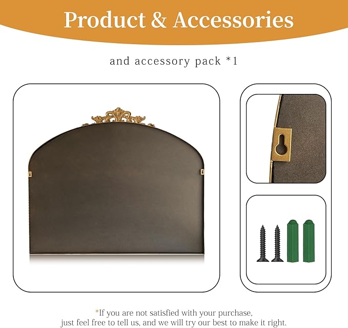 Baroque Arch Mirror for Living Room Wall, 36" X 30" Antique Gold Traditional Cathedral Ornate Beaded Arched Frame Decorative Vanity Mirrors for Mantel Fireplace, Bathroom, Bedroom Decor