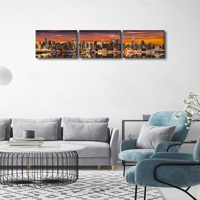 Canvas Wall Art for Living Room New York City Panorama Modern Home Decor Cityscape Sunrise View HD Printed Posters for Bedroom Office Wall Art Painting Bathroom Pictures Ready to Hang 12x48 Inch