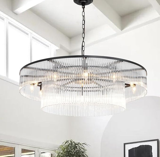 Large Modern Glass Chandelier Lighting Black Glass Chandeliers for High Ceiling Hall Living Room Stairs 12 Light Hanging Ceiling Light Fixture Round 39"