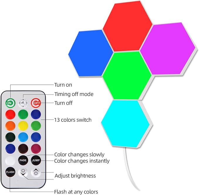 9-Pack Hexagon Lights, Remote and Touch Controlled RGB Wall Light Panels - LED Panels for Living Room, Bedroom, Game Room Decor - Double-Sided Tape and Tabletop Stand Included