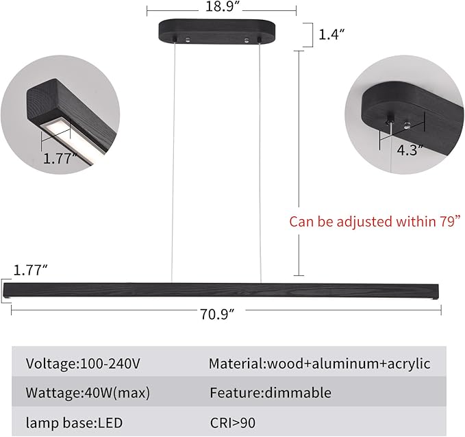 71" Black Linear Pendant Light Wooden Led Linear Pendant Light Fixtures Ceiling Hanging Dimmable Pendant Lights for Dining Room Kitchen Island Pool Table Lights Black Wood Finish