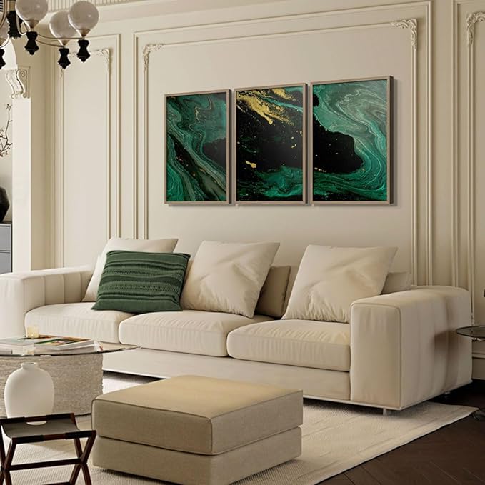 3pcs Wood Framed Green Black Abstract Canvas Wall Art - Deep Space Artwork - Modern Decorative Abstract Prints Posters - Living Room Bedroom Decorative Paintings Gallery Style Wall Hanging Pictures