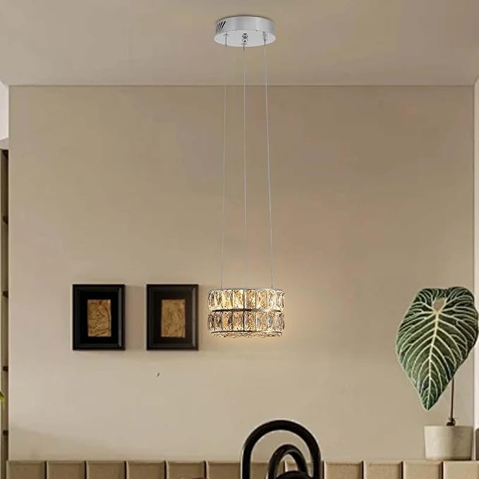 Led Ring Crystal Chandelier, Modern Dimmable Chandeliers Lighting and Hanging Adjustable, LED Round Ceiling Light Fixtures for Dining Room Living Room 7.8'' Silver