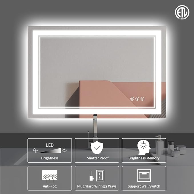 48x32 Inch LED Bathroom Mirror, Front Light and Backlit Anti-Fog Dimmable Memory Lighted Vanity Mirror, Shatterproof Wall-Mounted Led Mirror for Bathroom