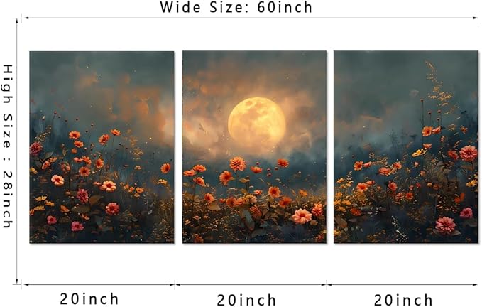 3 pcs Rustic Botanical Wall Art Vintage Moonlit Sky and Blooming Wildflowers Nature Landscape Picture Wall Decor Poster Print Artwork for Bedroom Living Room Home Decoration- 20"x28"x3pcs