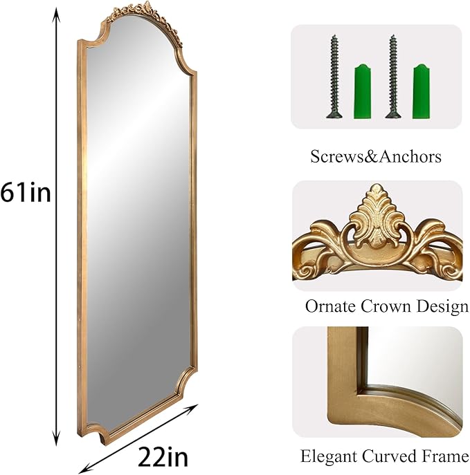 Large Gold Arched Mirror, 61"x22" Vintage Floor Mirror for Dressing, Ornate Baroque Mirrors Full Length, Traditional Carved Mantel Mirrors for Living Room Bathroom Bedroom Entryway