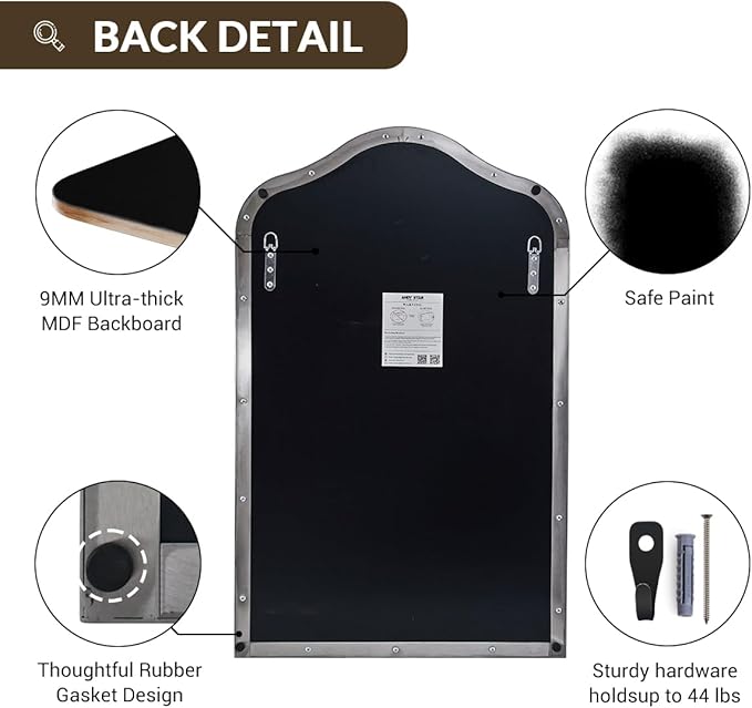 ANDY STAR Scalloped Arched Mirror, 24x38 Brushed Nickel Irregular Bathroom Mirror for Vanity, Asymmetrical Curved Top with Anti-Rust Stainless Steel Frame, for Entryway, Bedroom, Mantel, Fireplace