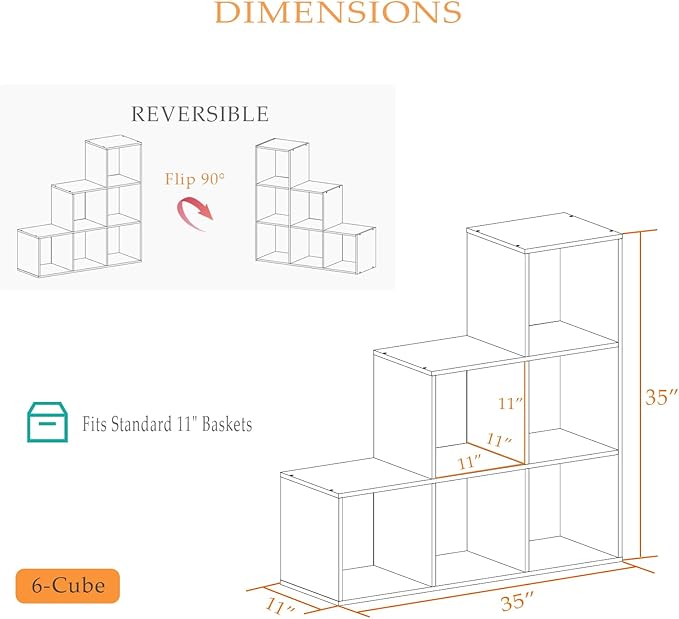 Ladder Cube Storage Bookcase - Wooden L-Shaped 3-Tier Corner Shelf, Reversible 6-Cube Organizer for Home & Office, White