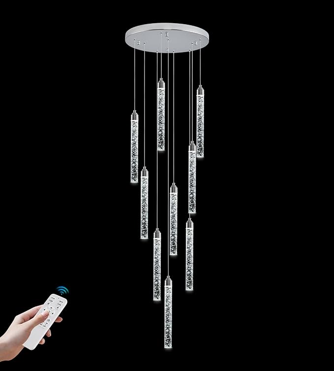9-Lights High Ceiling Crystal Staircase Chandelier Silver, Modern Spiral Raindrop Dimmable LED Bubble Cluster Ceiling Hanging Lighting Fixture for Foyer Living Room Entrance Remote Control