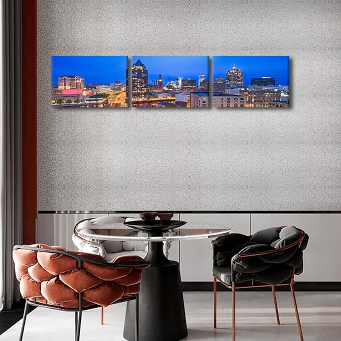 Native American Decor Skyline of Downtown Milwaukee Wall Art Cityscape Pictures Wisconsin, USA Panoramic Paintings Canvas City Skyline at Dusk Artwork Home Decor Framed Ready to Hang 12x48 Inch