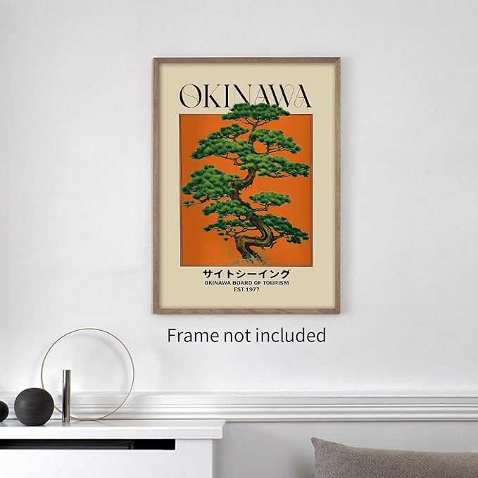 Japanese Canvas Wall Art Orange Okinawa Prints Retro Japanese Bonsai Tree Picture Modern Ukiyo-e Decor Poster for Asian Living Room Bedroom Dorm Bathroom 24x36 inch Unframed
