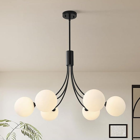 6-Light Modern Farmhouse Black Chandelier, Mid Century Dining Room Light Fixtures Over Table, Hanging Sputnik Chandelier for Kitchen Island Living Room Bedroom Office, Milk White Globe Glass Shade