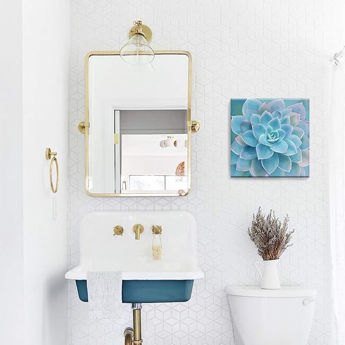 Blue Succulents Bathroom Decor Wall Art Framed Modern Popular Wall Plants Decorations Canvas Prints Artwork Wall Decor for Bedroom Blue Flower Pictures Size 14x14 inch Easy to Hang