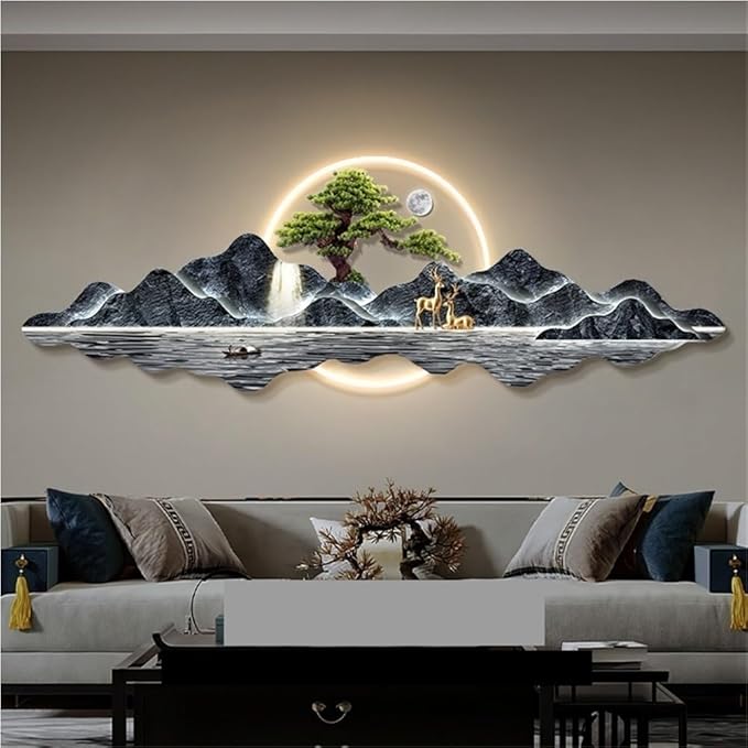 LED 3D Wall Art Decor, Landscape Wall Mural with Welcoming Pine Tree, Traditional Oriental Wall Sculpture with Light, Decorative Wall Art for Living Room(Light Blue,47.2in)