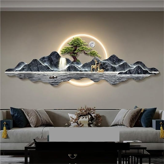 LED 3D Wall Art Decor, Landscape Wall Mural with Welcoming Pine Tree, Traditional Oriental Wall Sculpture with Light, Decorative Wall Art for Living Room(Light Blue,31.4in)