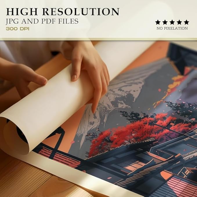 Mount Fuji Poster, Japanese Wall Art Print with Cherry Blossoms, Vintage Travel Landscape Artwork, Japandi Asian Home Decor for Living Room, Bedroom or Office (Unframed) (24x36)