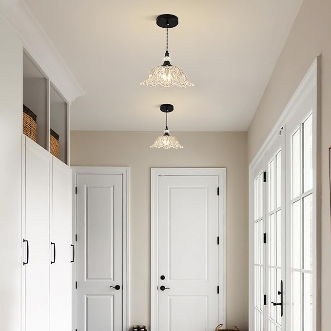 1 Piece Black Chandelier Light Fixtures with Glass Shade, Black Farmhouse Pendant Light,Hanging Light for Kitchen Island Room,Hallway,Living Room,Bedroom