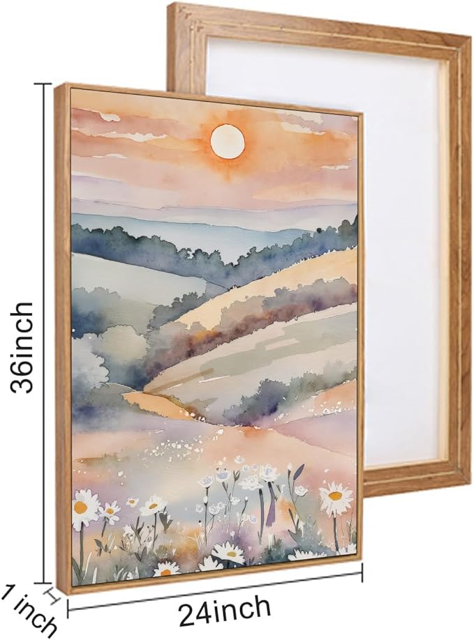 Ausril Watercolor Boho Sunset Framed Canvas Wall Art Set, Colorful Flower Wall Decor, Nature Daisy Wall Painting, Pink Wildflower Scenery Art Print for Living Room, Bedroom, Office, Hallway 24"X36"X3